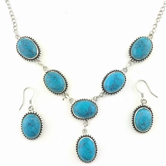 Turquoise Rope Design .925 Layered Stainless Steel Necklace Earring Set - Picture 3 of 6